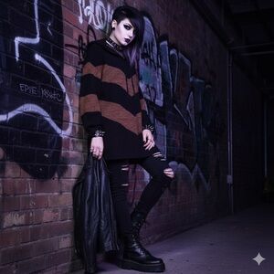 BloomChic Ultra Soft Black Copper Chevron Hooded Pullover Sweater L Emo Goth